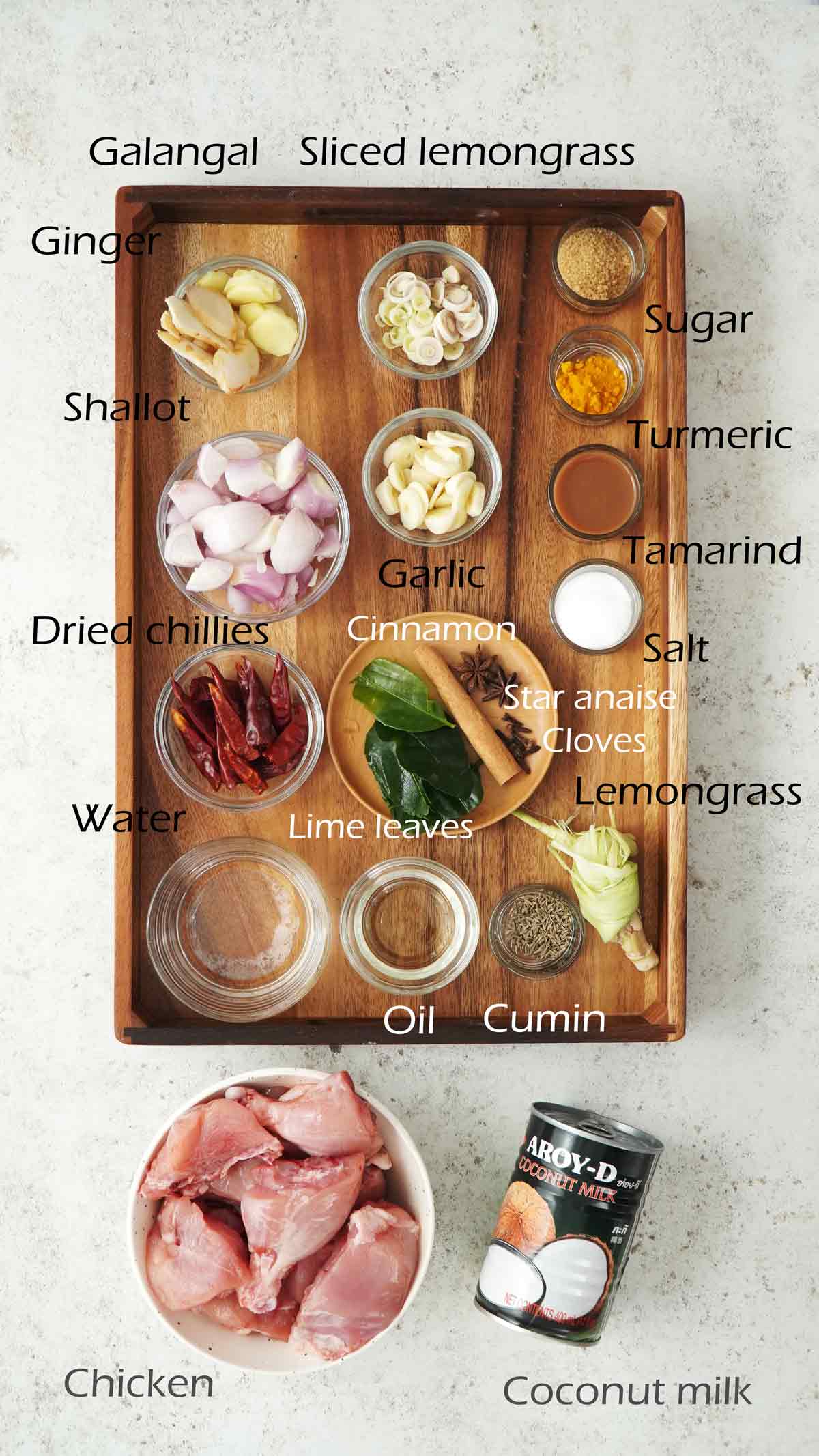 Labelled ingredients displayed on the white table.