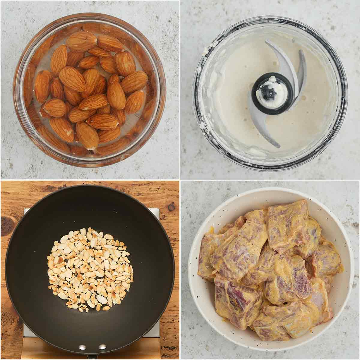 4 image collage showing how to prepare almond paste, lamb marinade, and almond flakes. 