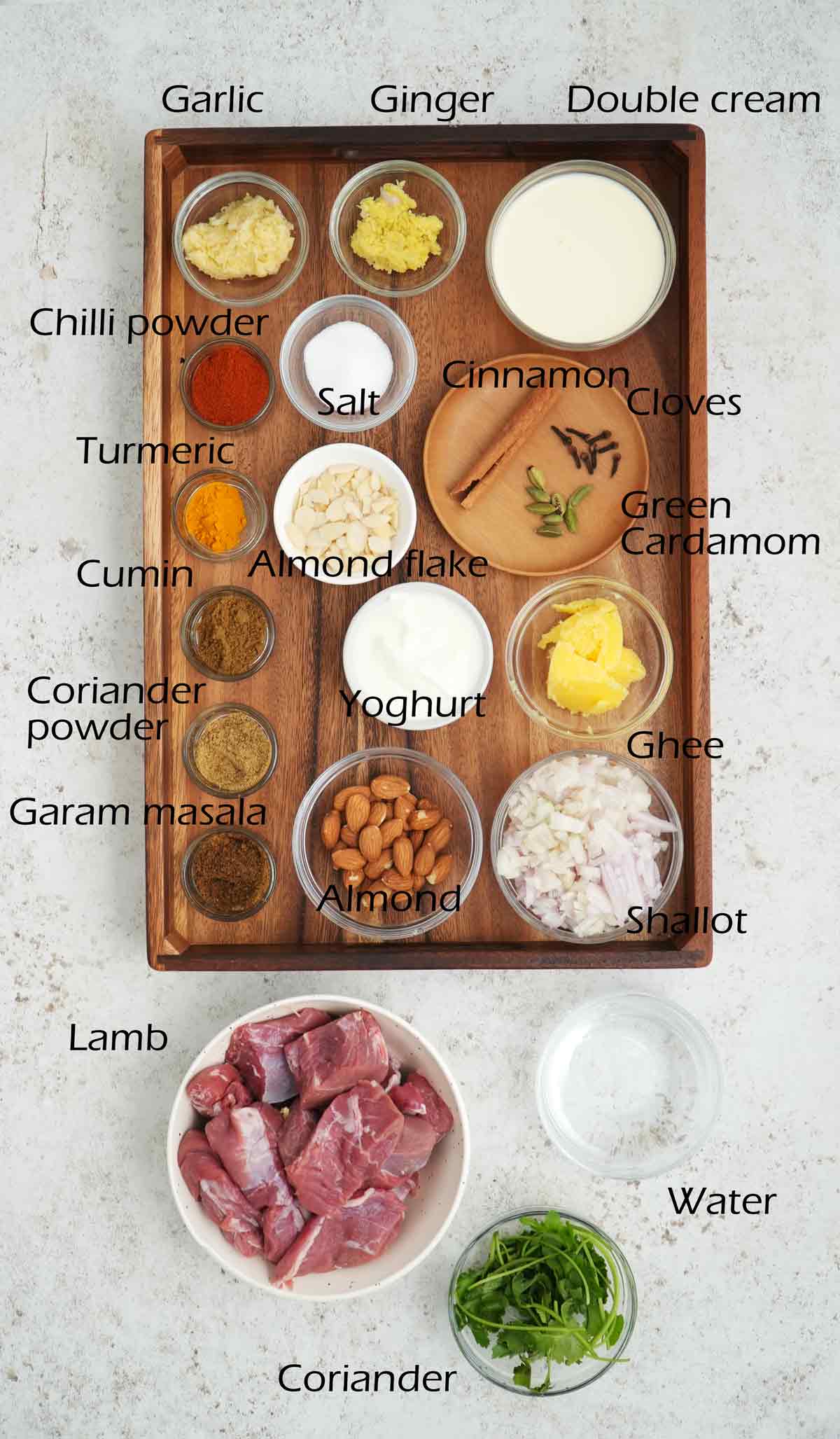 Labelled ingredients displayed on the white table. 