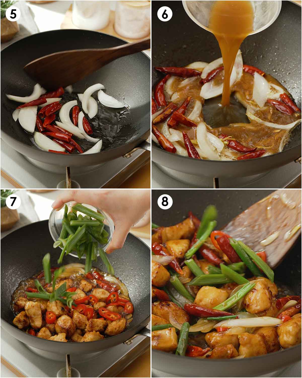 4 image collage showing how to cook vegetables and chicken with Mongolian sauce. 