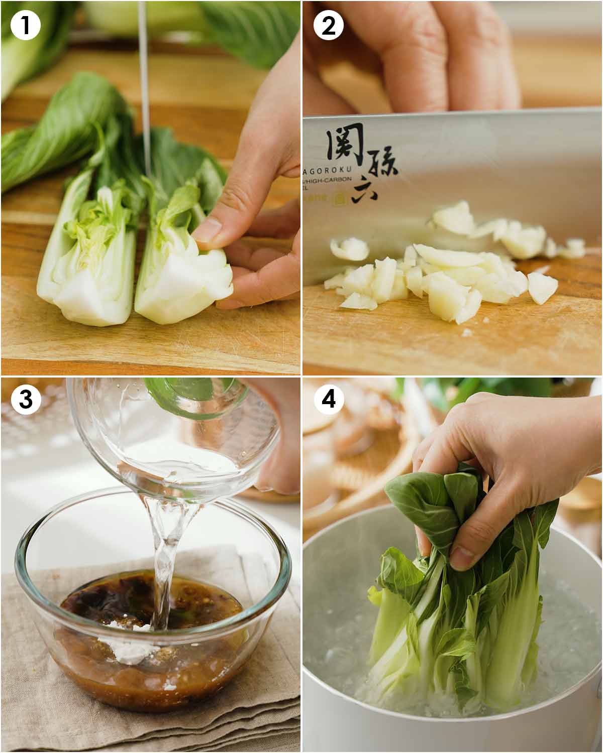 Four image collage showing how to prepare pak choi