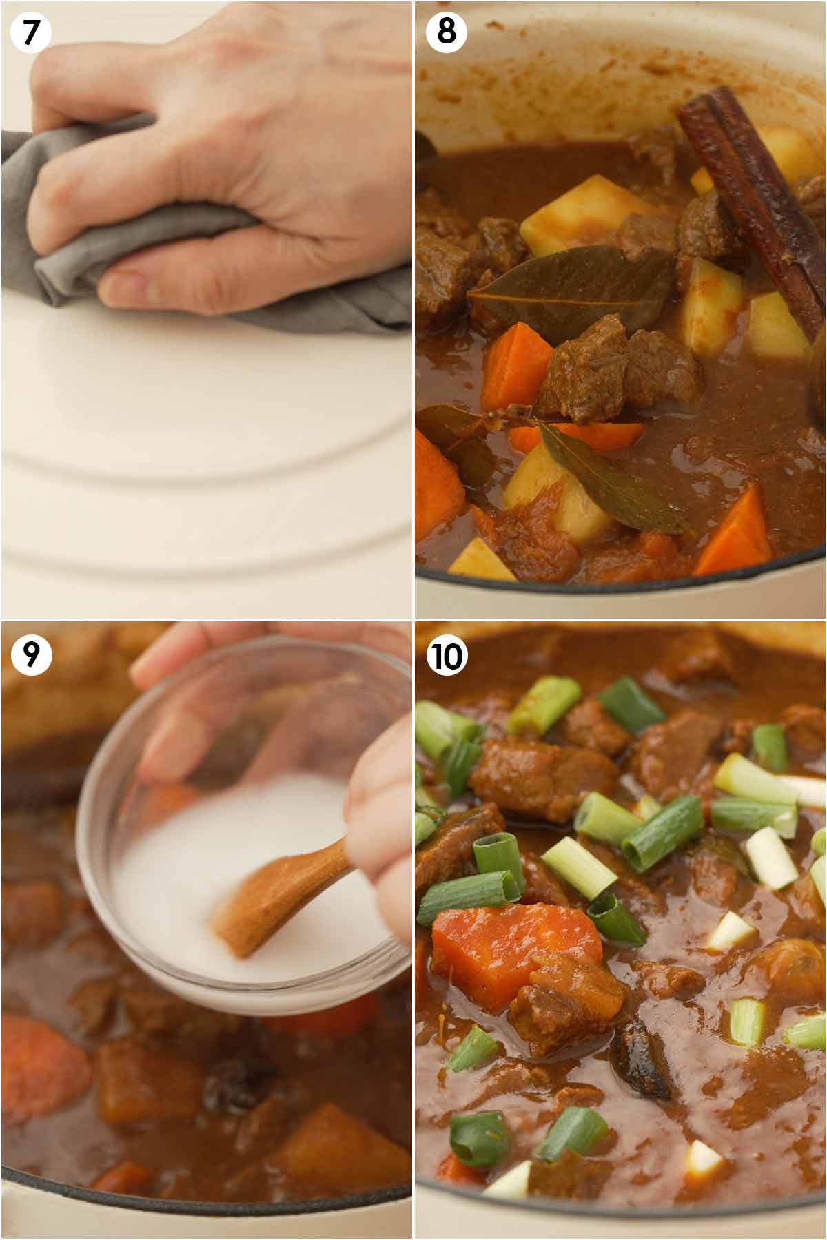 4 collage step-by-step photos how to slow-cook the beef with carrots, potatoes, and spring onions.