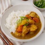 Chicken curry with potatoes, carrots, and brown curry sauce with rice on the side, in a white serving bowl.