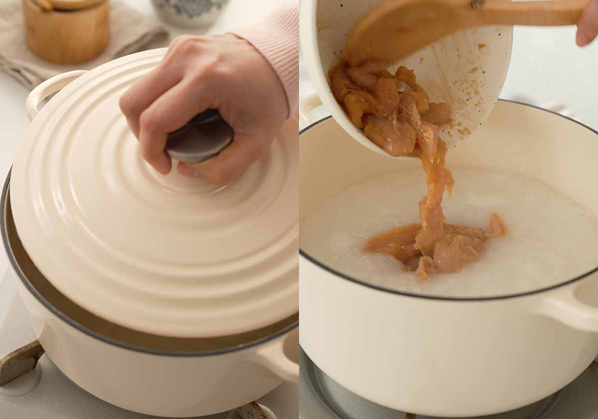2 image collage showing how to boil rice and how to add chicken. 