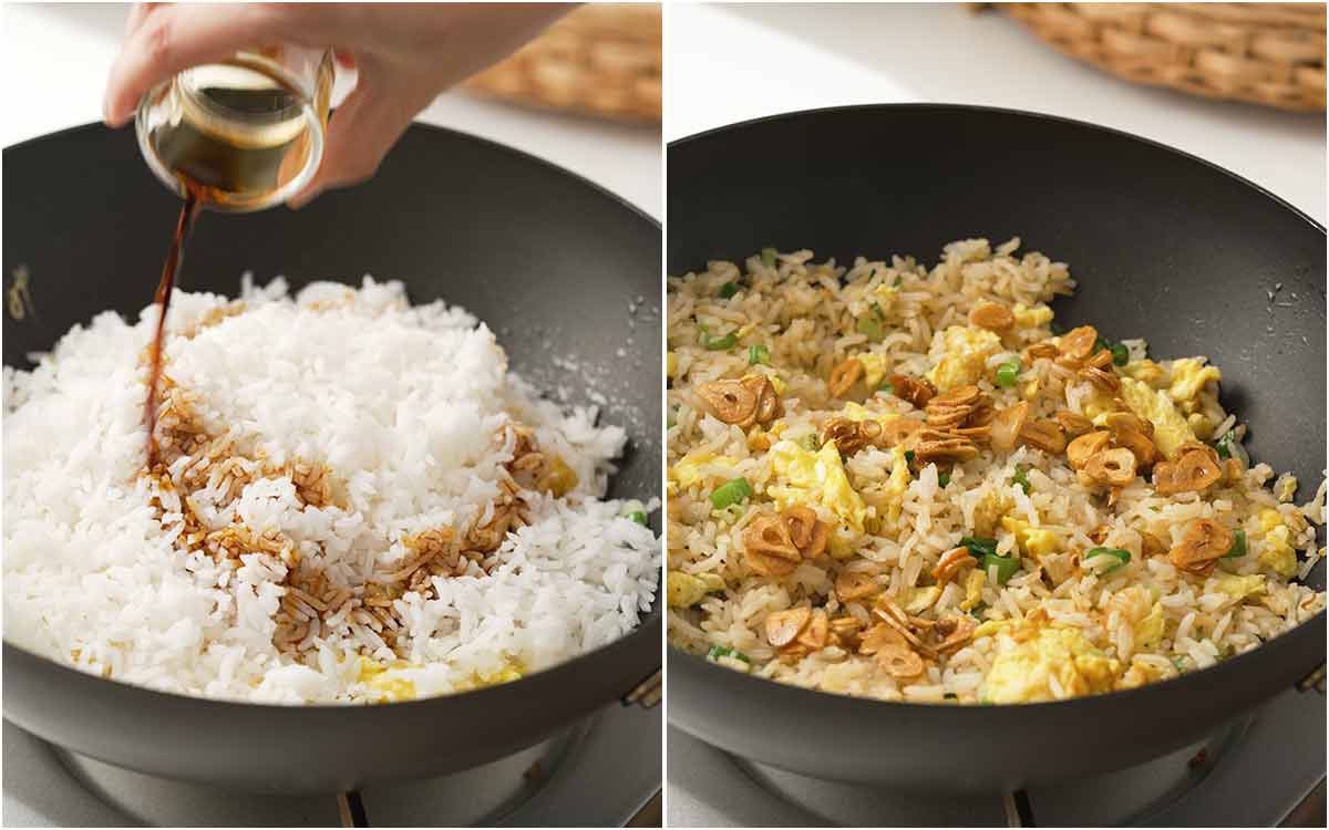 2 photo collage showing how to stir fry rice with, spring onions, egg, and fried garlic. 