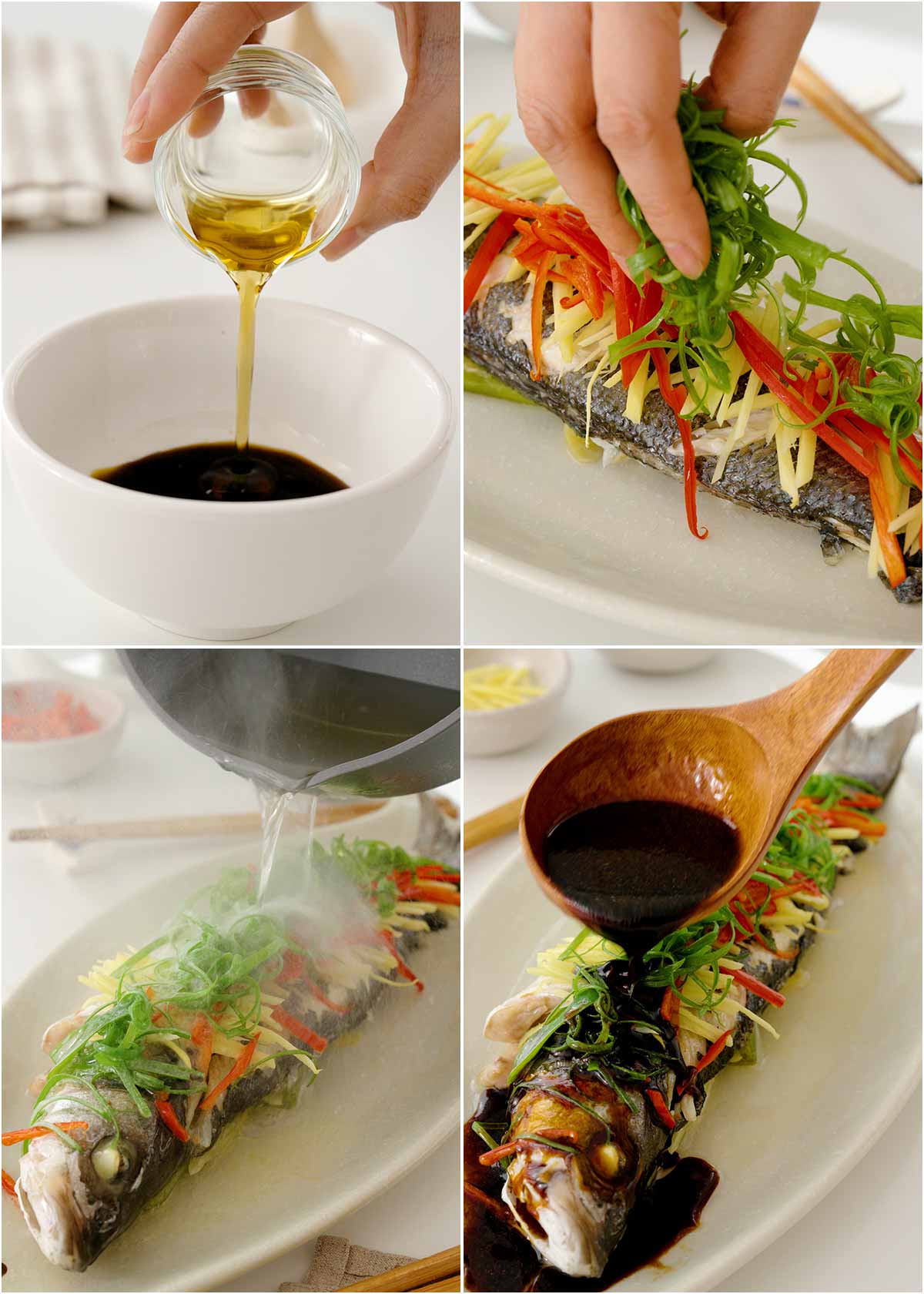 4 image collage showing how to prepare sauce and how to serve the steamed fish.