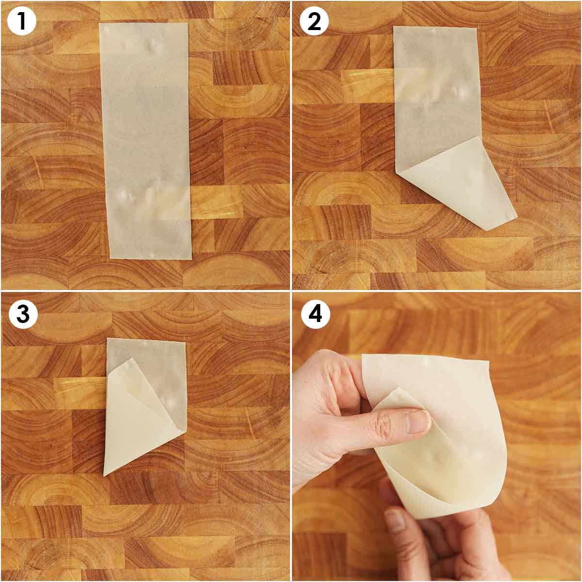 4 image collage showing how to fold triangle shape samosa. 