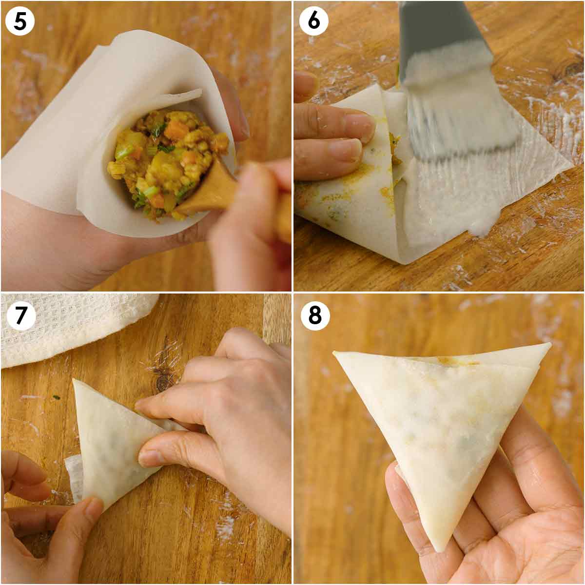 4 image collage showing how to fill the samosa with  fillings and how to seal it. 