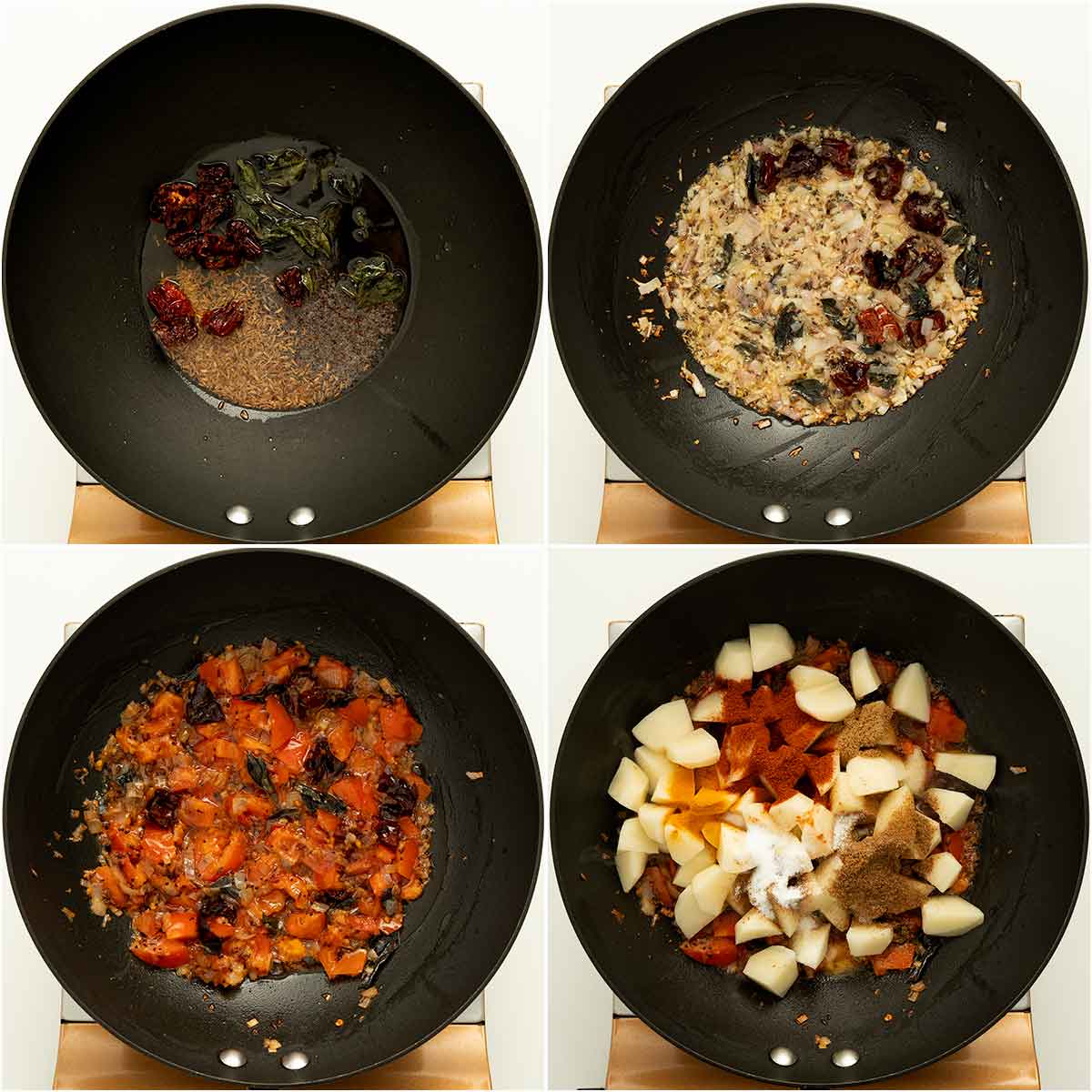 4 image collage showing how to saute spices, onions, tomatoes, and potatoes. 