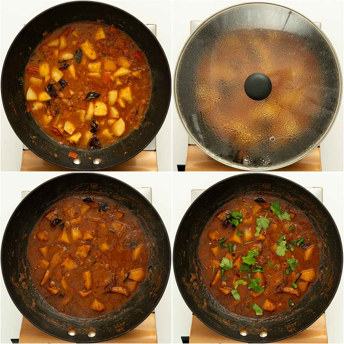 4 image collage showing how to cook potatoes with curry sauce. 