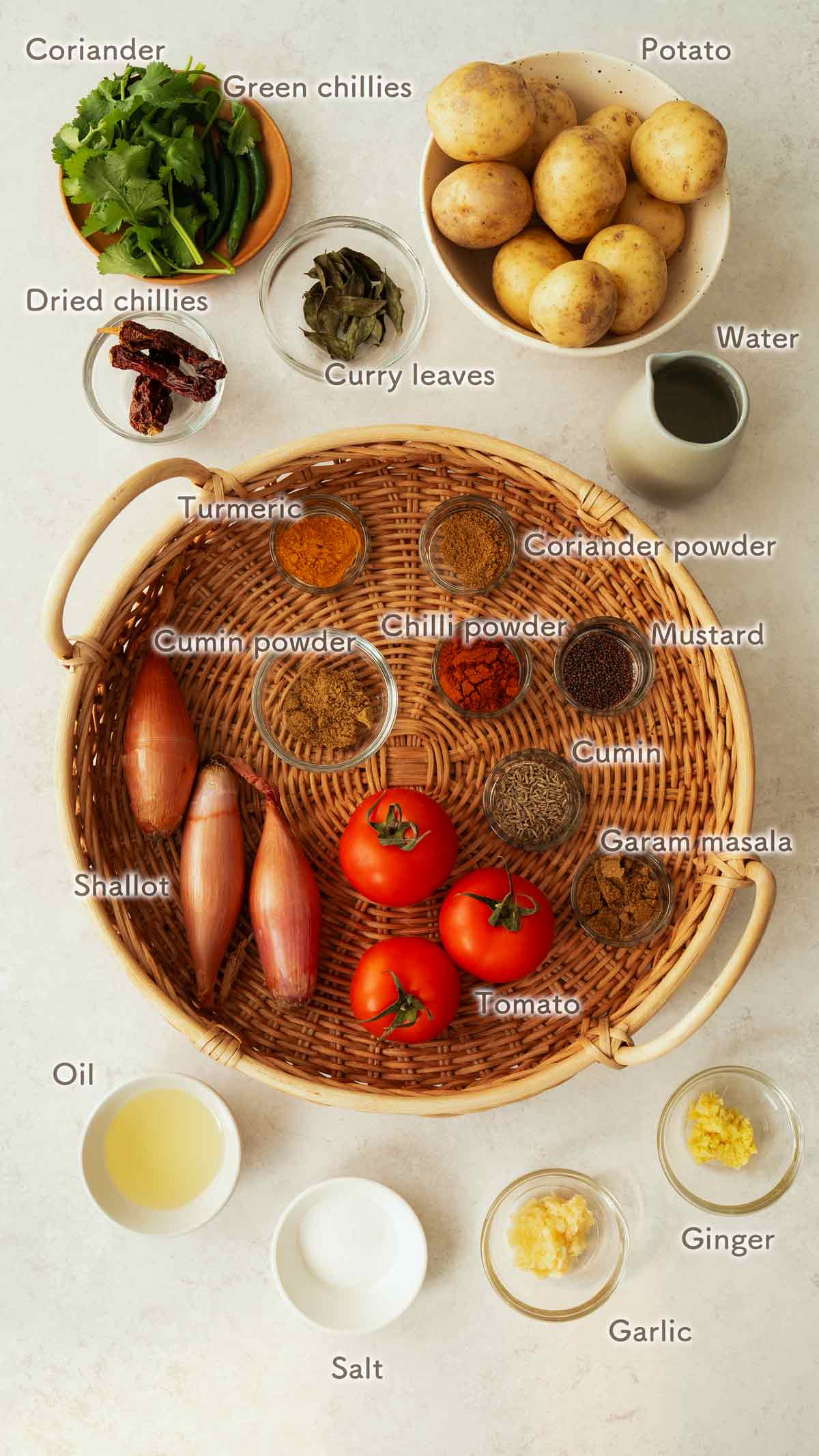 Labelled ingredients of making potato curry, displayed on the white table. 