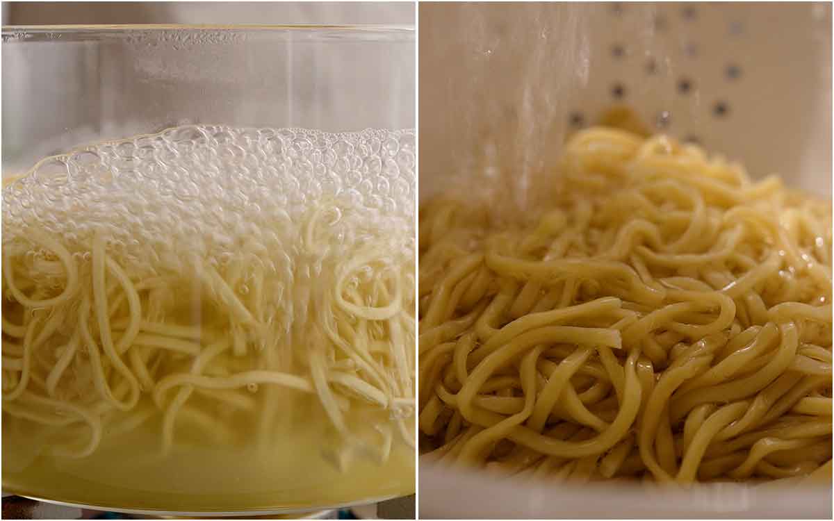 2 image collage showing how to prepare noodles. 