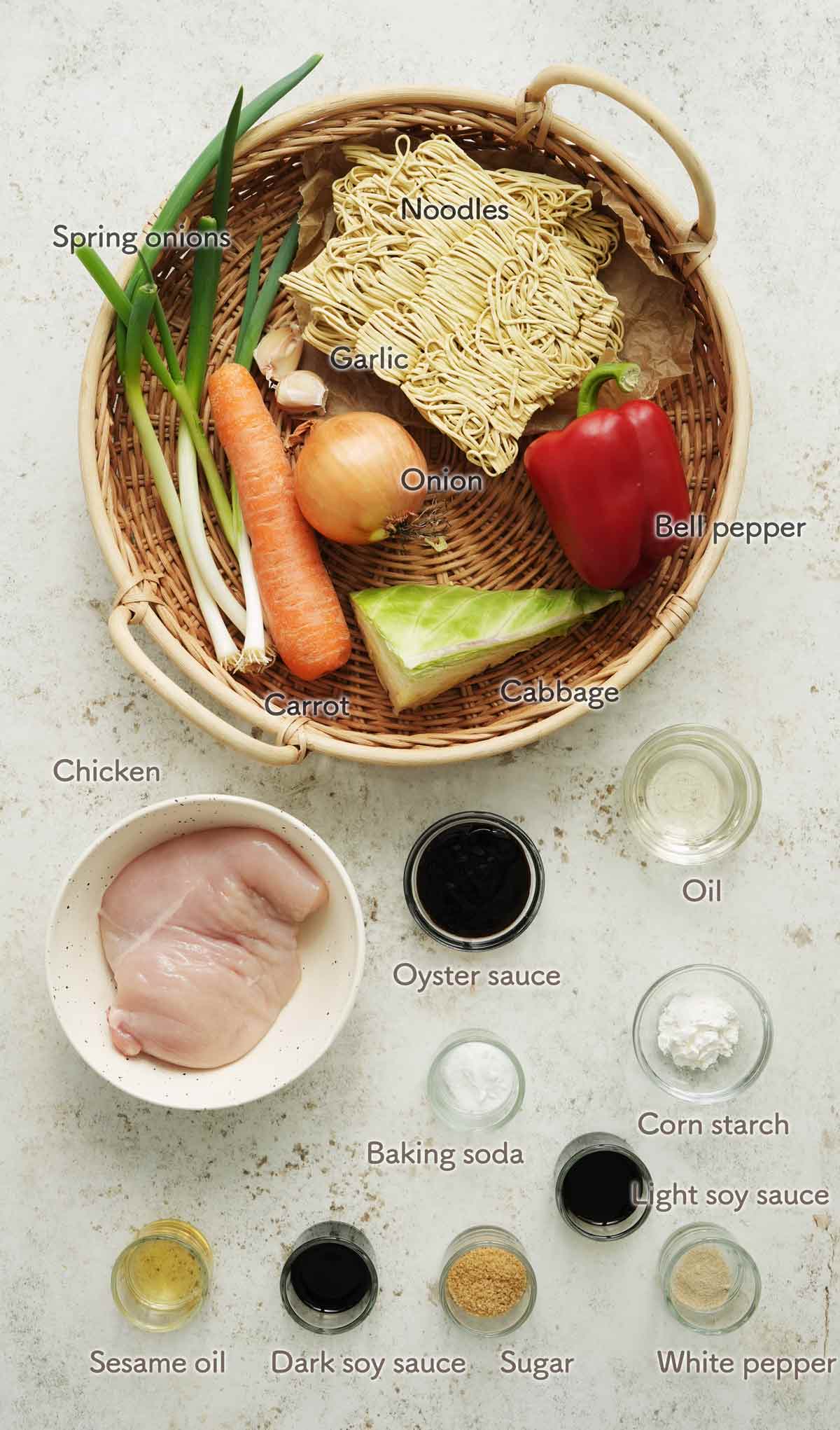 Labelled ingredients of making chow mein with chicken displayed on the white table. 