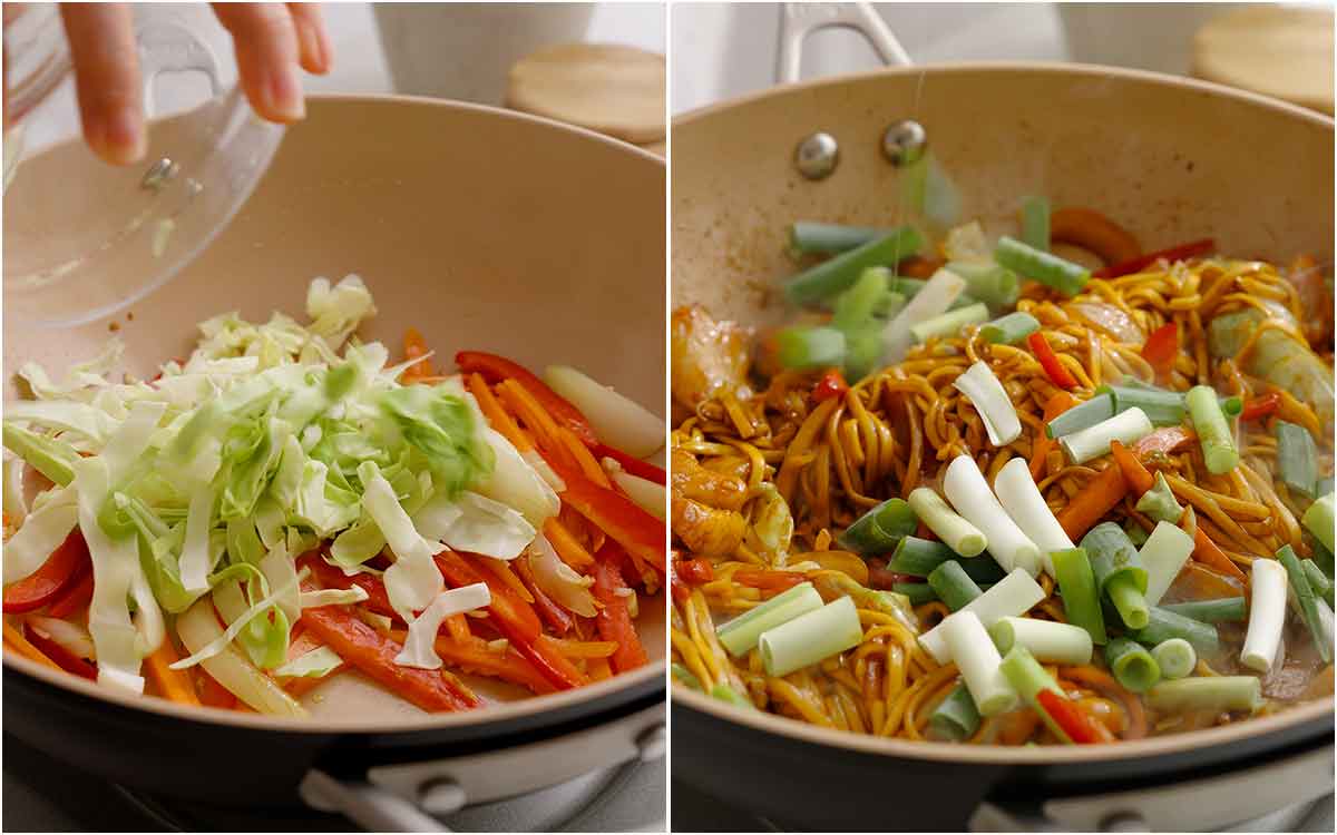 2 image collage showing how to stir fry vegetables, noodles, and chicken with the sauce. 