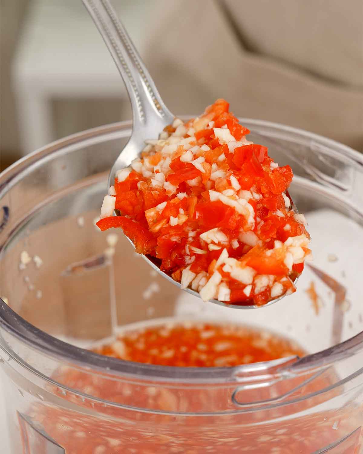 An image showing blended chilli and garlic. 