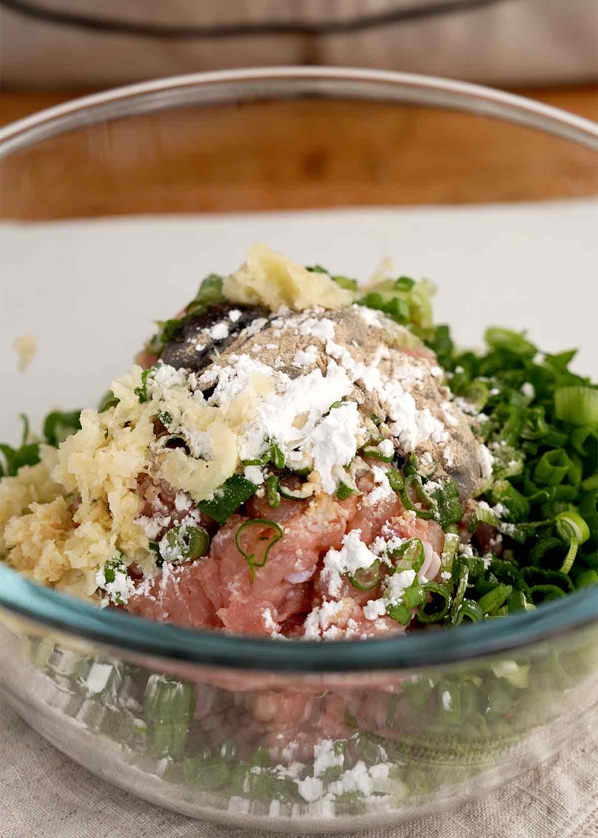 A large mixing bowl containing minced chicken and spring onions with seasoning ingredients.