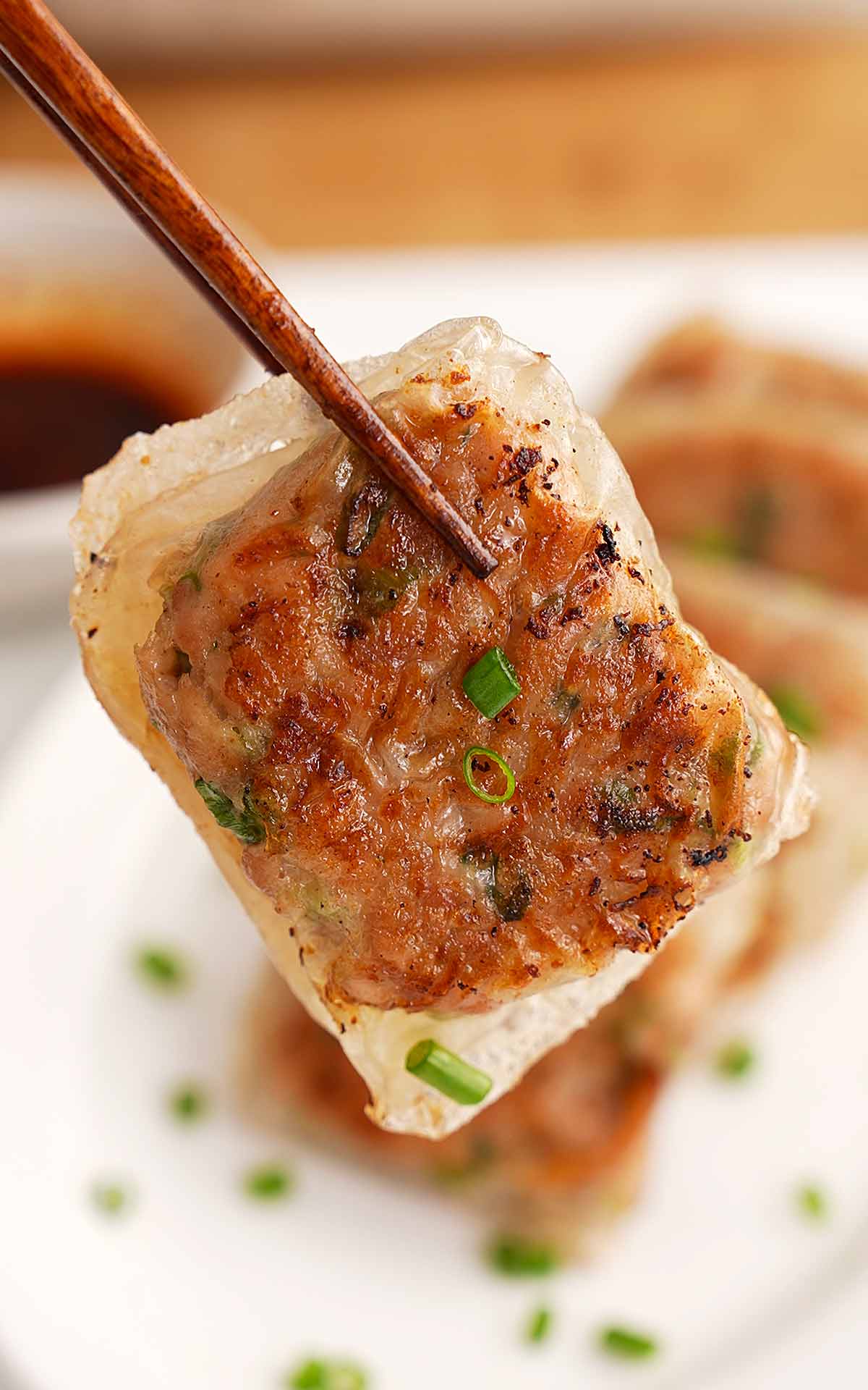 An image of square shaped crispy golden fried dumplings with rice paper coating.