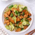 A white plate containing chicken and cabbage stir fry with green onions.