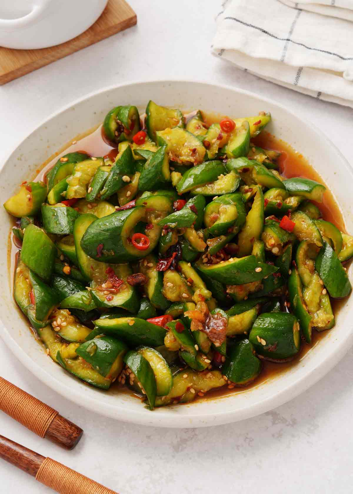 Smashed cucumbers chunks with soy and chilli dipping sauce.
