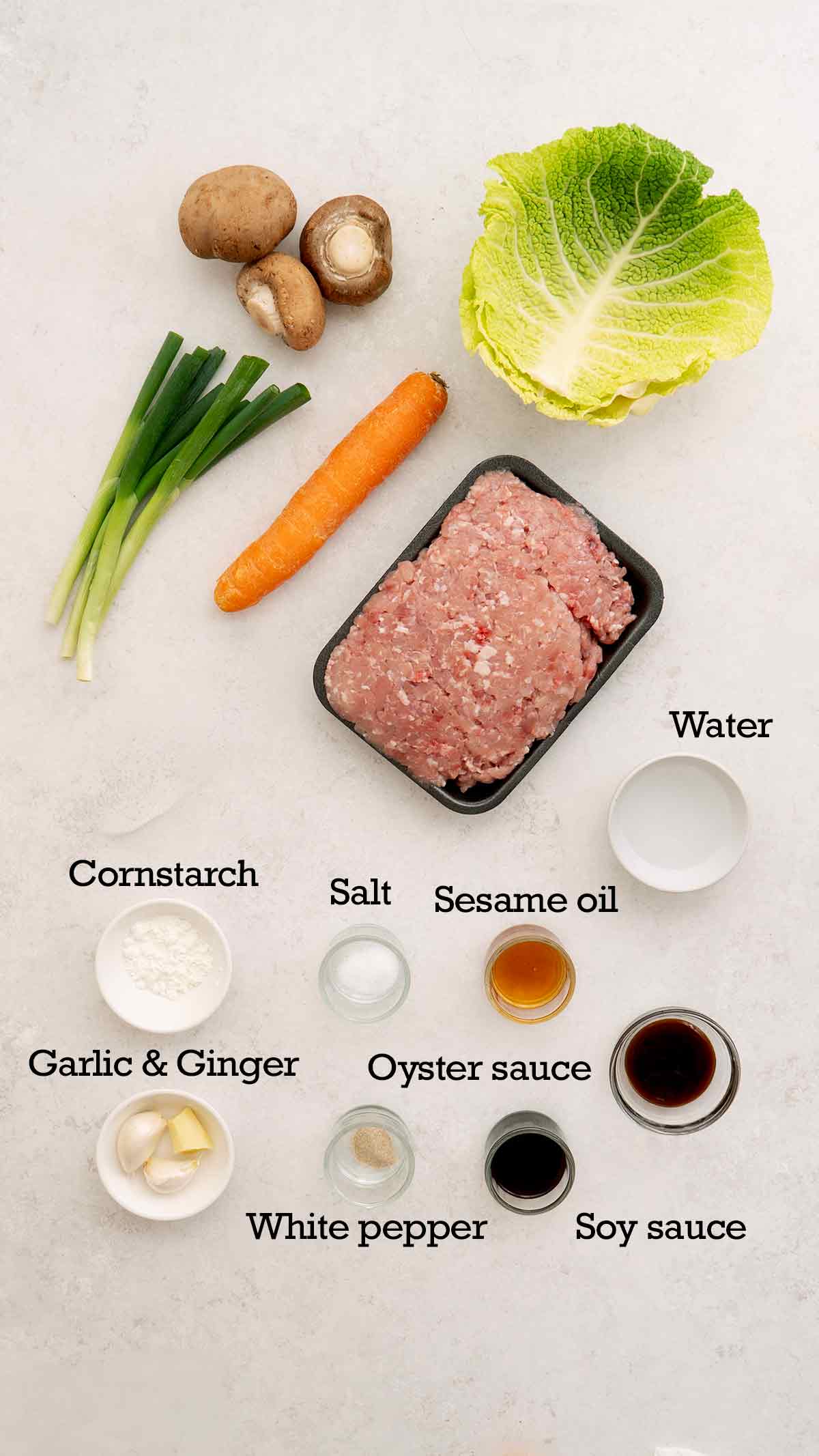 Labelled ingredients of making Chinese cabbage rolls displayed on the white table.